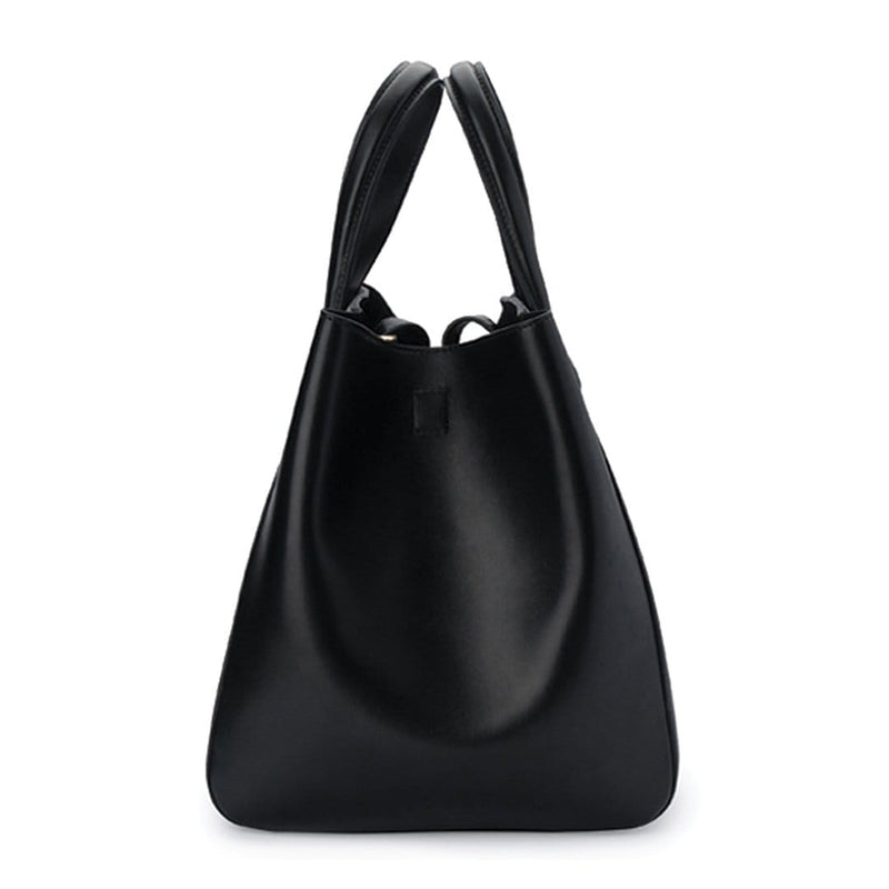 Side view of large luxury black leather tote bucket bag, genuine nappa leather bag with handle, single button snap closure used.