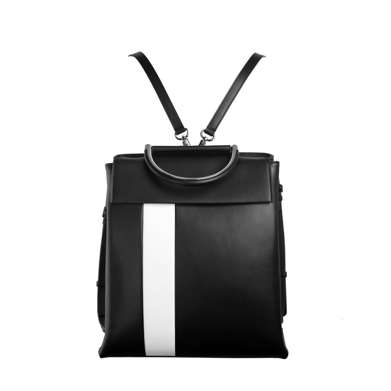 X NIHILO Hunter in black and white stripe backpack bag, fashion bag with high shine gunmetal hardware, detachable and adjustable strap, two hidden magnetic clasps closure for front compartment, pockets fitted inside, and zip closure for back compartment, luxury cow nappa leather handbag, genuine leather bag