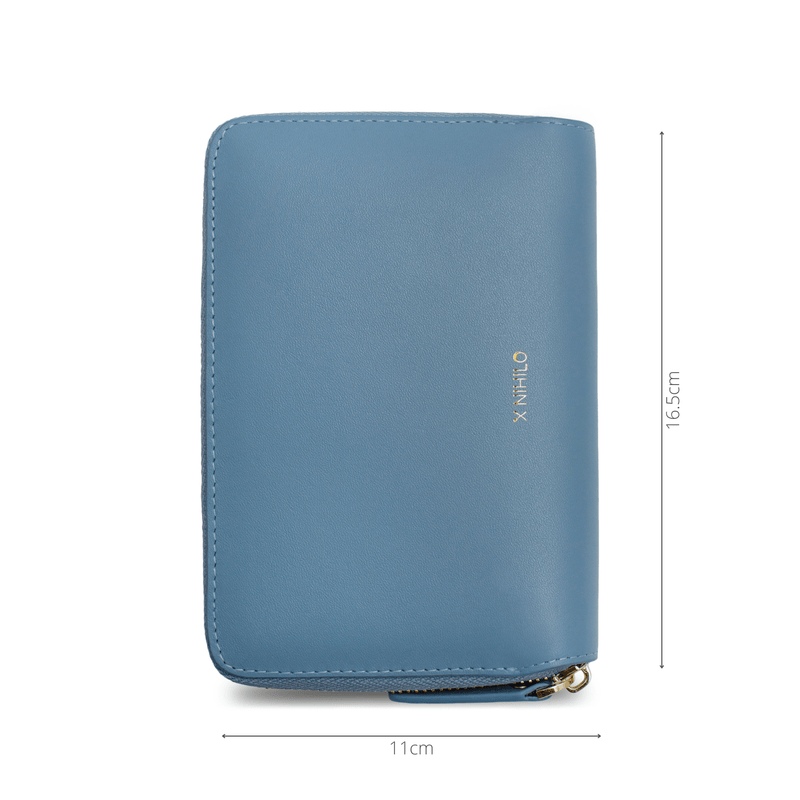 Measurements of sky blue genuine cow nappa leather wallet and passport holder, 16.5cm in length, 11cm in height.