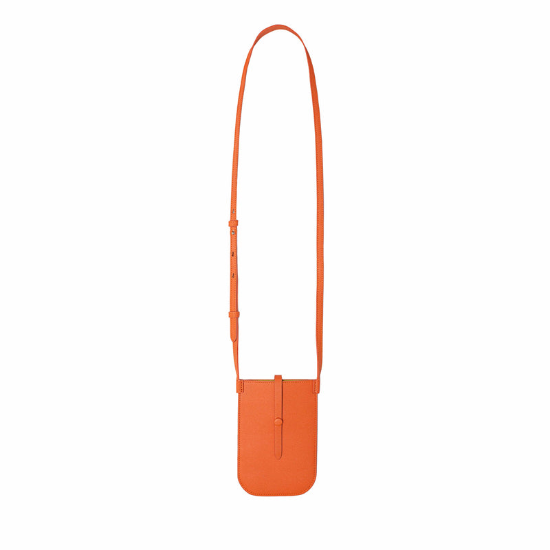 Rectangular Tangerine orange phone pouch with opening on top and an attached shoulder strap fully extended.