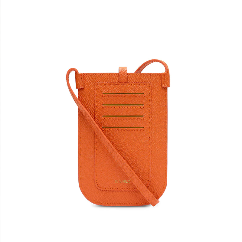 Rectangular Tangerine orange phone pouch with opening on top and an attached shoulder strap. Back view with 4 card slots and logo on the bottom.
