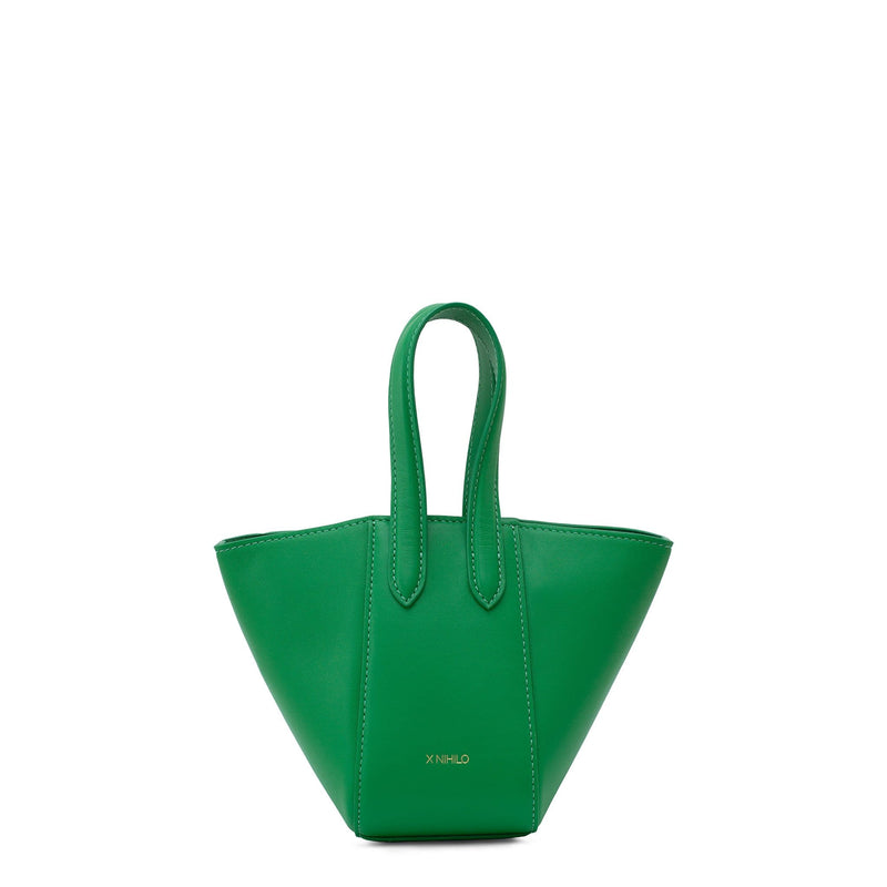 Micro bright green leather bucket hybrid handbag, with top handle and X NIHILO embossed in gold on the bottom front.