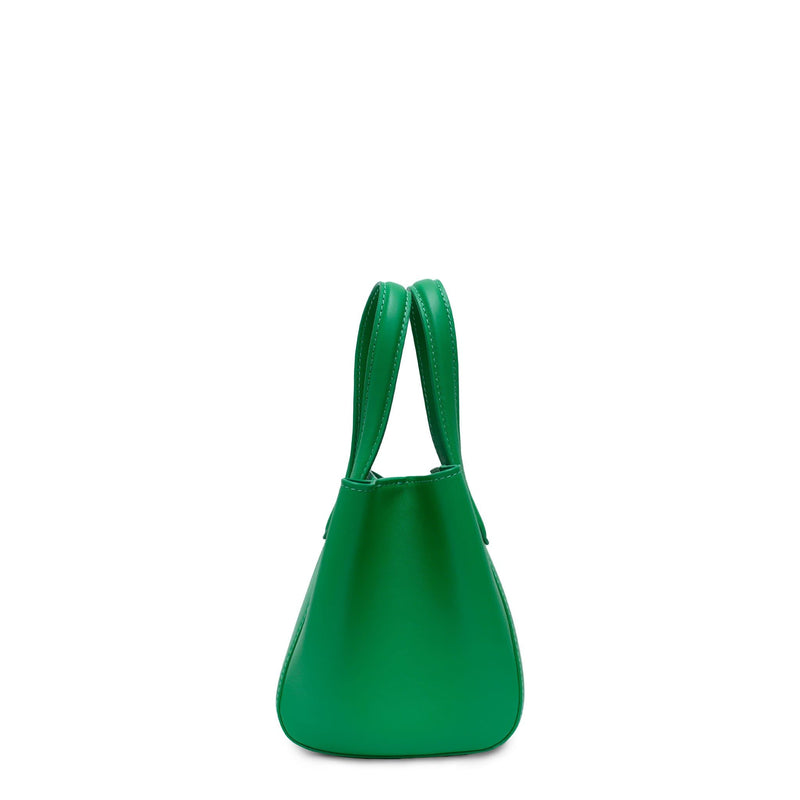 Side angle of Micro bright green leather bucket hybrid handbag, with top handle.