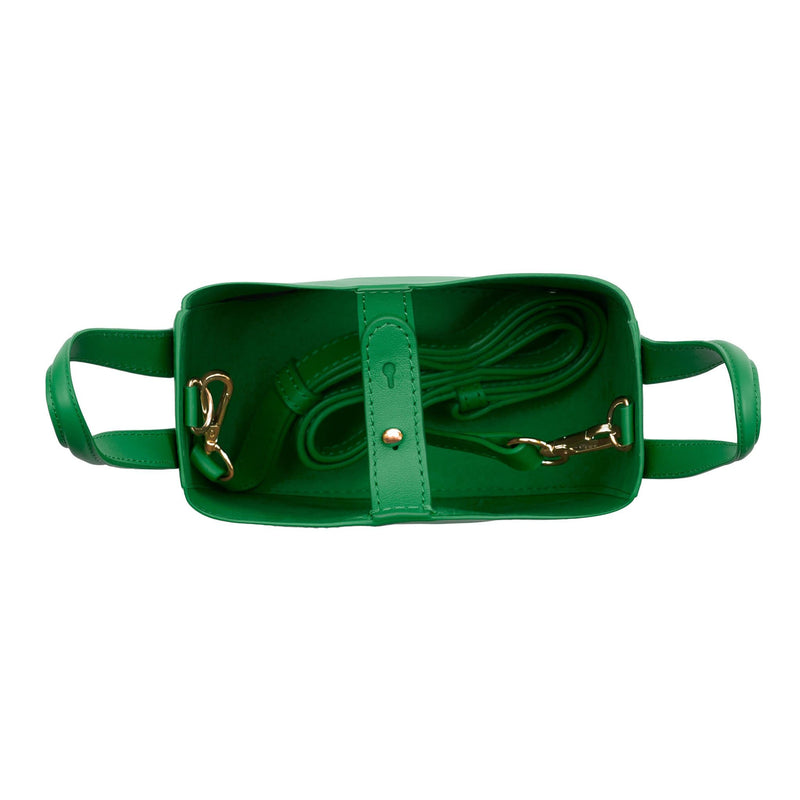 Top view of Micro bright green leather bucket hybrid handbag, with top handle, gold hardware and strap handle shown inside.