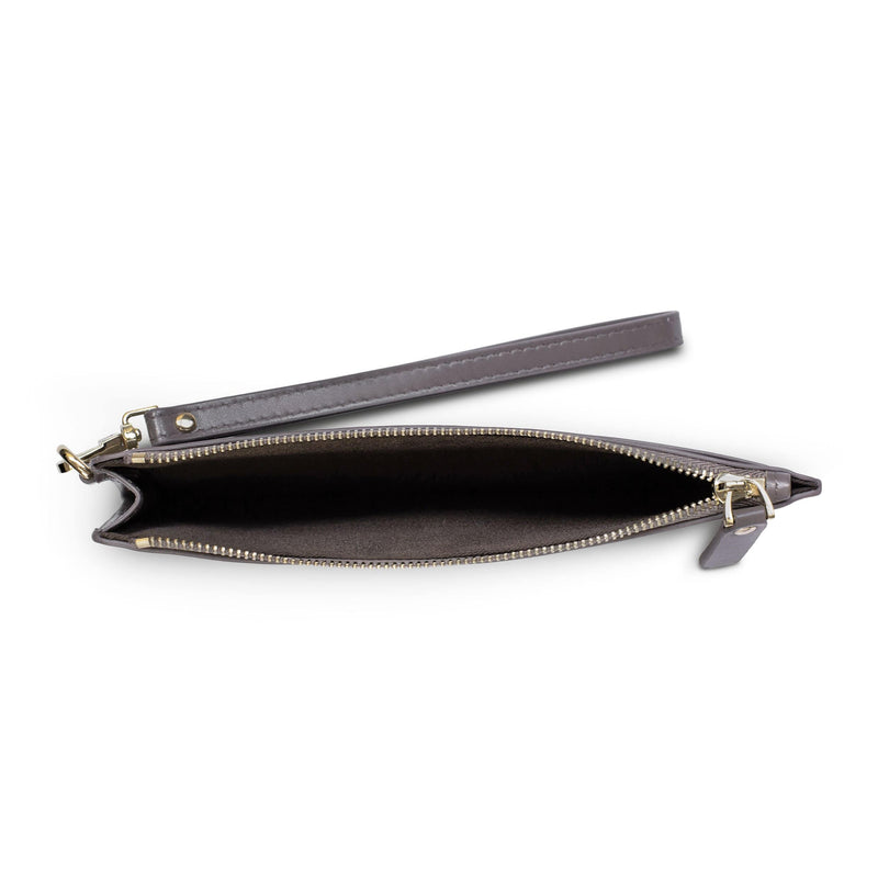 View of zipped open slim grey genuine cow nappa leather wallet with leather strap and metal hardware. 