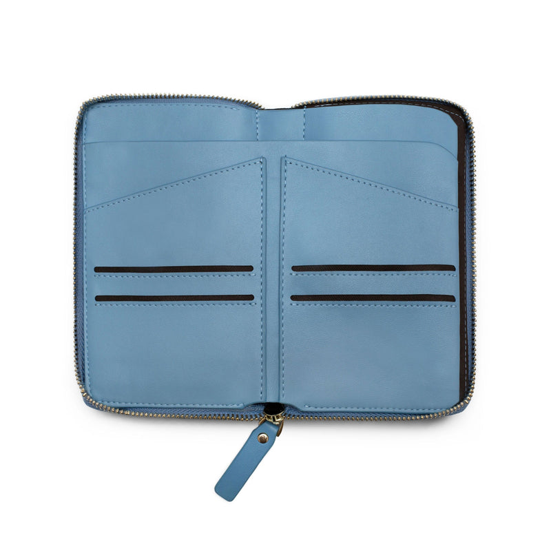 View of opened sky blue leather wallet and passport holder with four cardholder slots and two slots for passports.