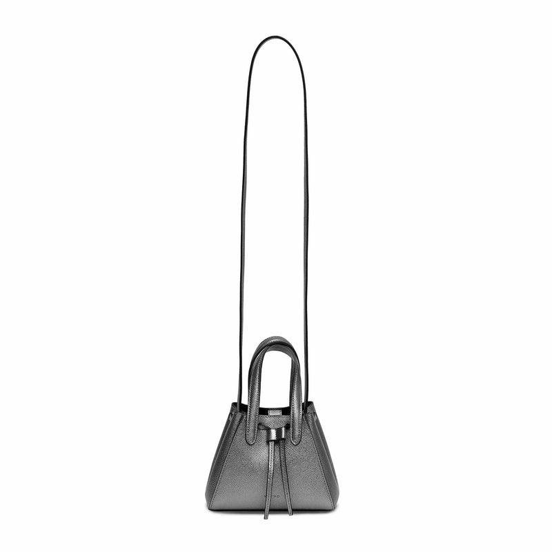 Mini genuine gunmetal leather bucket shape crossbody bag with handles and leather pull-strings, strap fully extended, X NIHILO Aria bag, textured cow leather with silver hardware, fashion bag