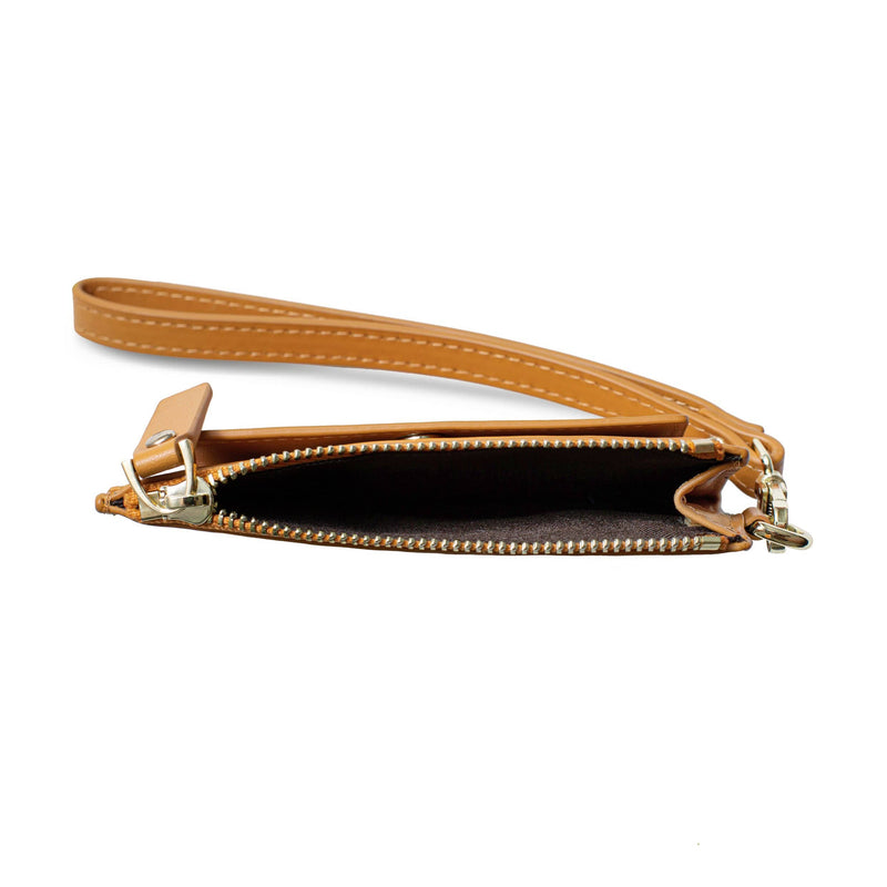 Zipped open view of small mustard coin purse and wallet with leather strap and metal hardware.