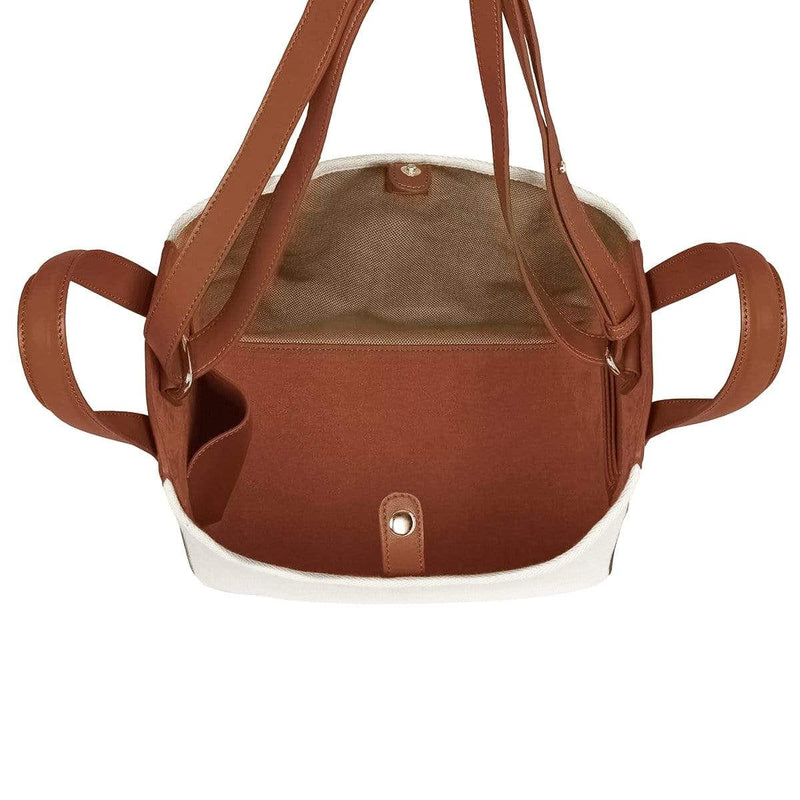 Top view of open large tan leather and natural canvas hybrid tote bucket bag, genuine nappa leather bag with handle and detachable strap.