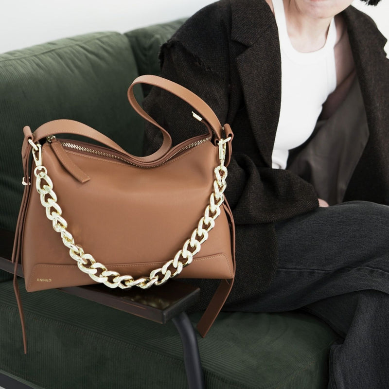 X NIHILO Rhode bag in tan leather with chain feature crossbody bag shoulder bag work bag Designed in Melbourne Australian designer