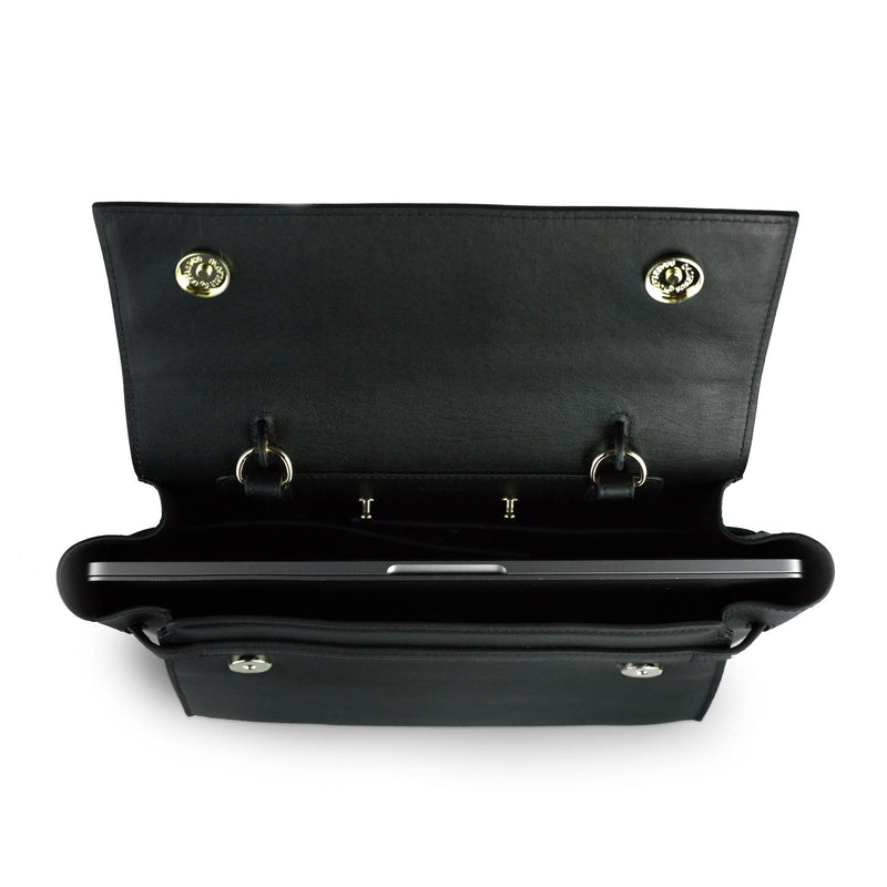 Top view of opened black leather bag with slim laptop inserted in the middle, cow nappa leather, two metal fasteners on either sides of the opened flap.