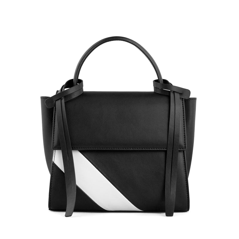 Luxury rectangle genuine black and white cow nappa leather work bag and handbag with black leather tassels, front flap and handle, fashion bag.