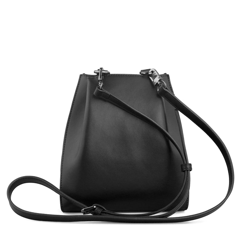 Back view of hybrid mini bucket bag in black with white stripe, genuine nappa leather, with gunmetal hardware, detachable and adjustable strap, two press-stud on sides of the top opening.