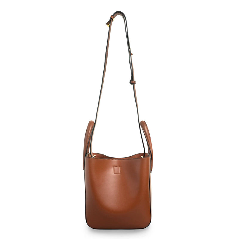  X NIHILO Eight mini in tan bag, fashion bag with adjustable shoulder strap, single snap button top closure, and soft gold hardware, luxury tan cow nappa leather handbag, genuine leather bag