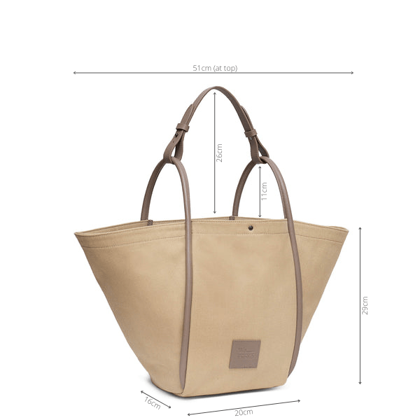 Measurement of camel hardwearing canvas bag with rolled leather handles. Height 29cm, depth 16cm, width (at top) 51cm, width (at base) 20cm, handle drop 11cm.