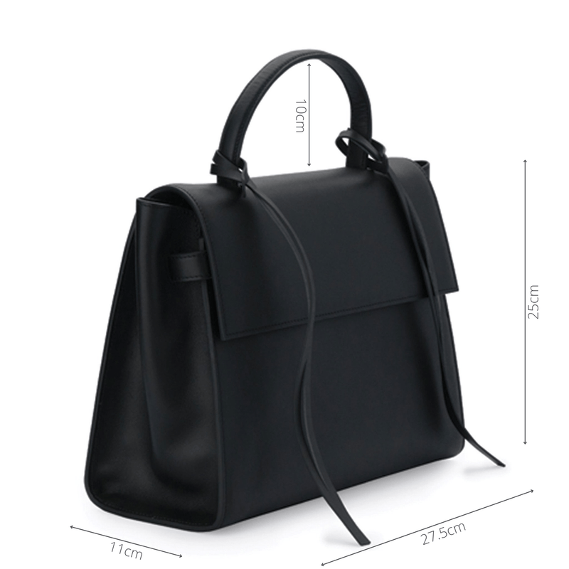 Measurements of genuine black leather work bag and handbag with leather tassels, front flap and handle; 27.5cm width, 35cm height with handle and 11 cm wide.