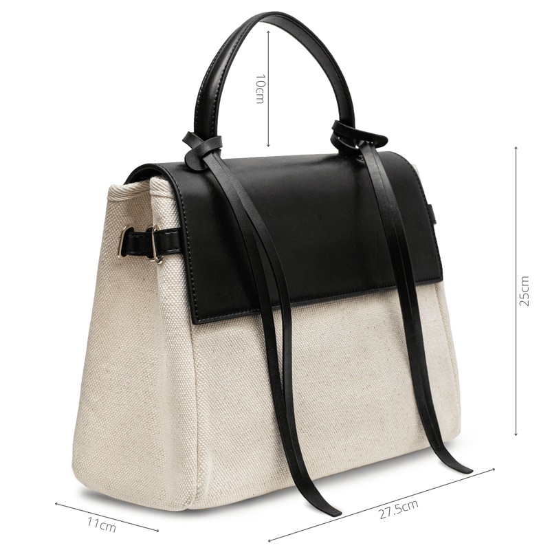Measurements of black genuine leather and natural canvas fabric trapezoid shape bag with black leather tassels, front flap and handle; 27.5cm width, 11cm depth, 35cm height with handle.