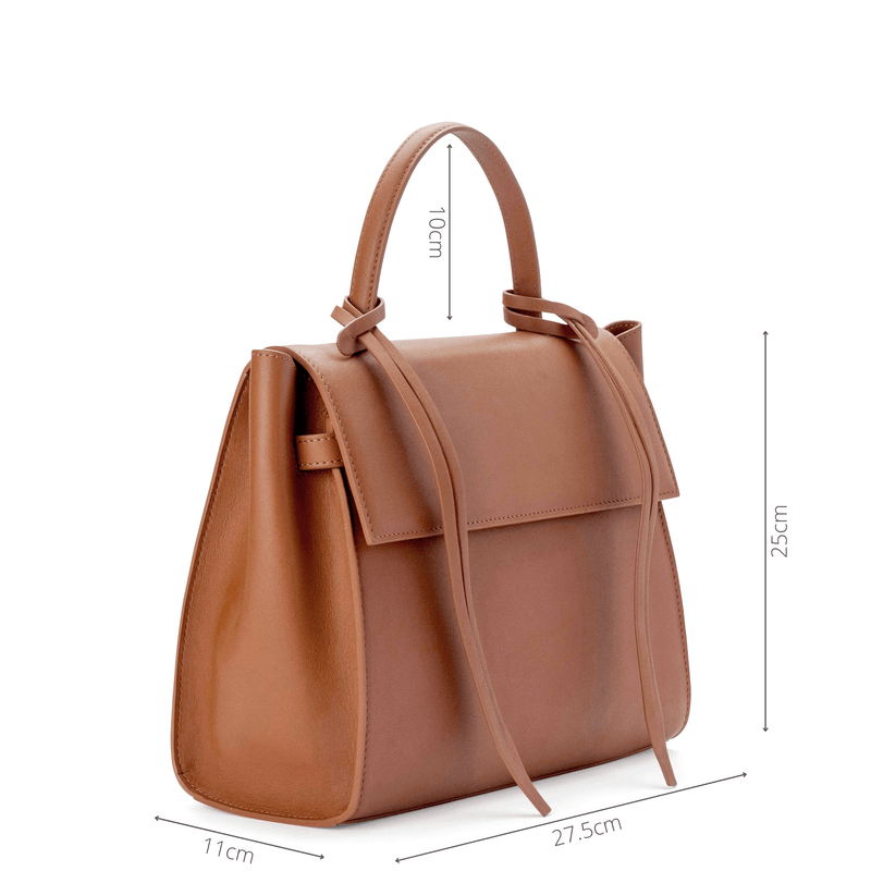 Measurements of tan genuine cow nappa leather trapezoid shape bag with black leather tassels, front flap and handle; 27.5cm width, 11cm depth, 35cm height with handle.