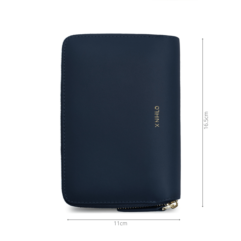 Measurements of navy genuine cow nappa leather wallet and passport holder, 16.5cm in length, 11cm in height.