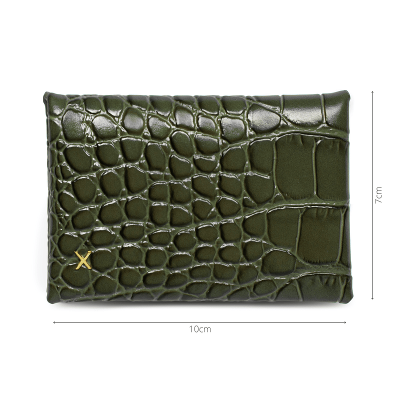 Measurements of khaki croc leather cardholder, 10cm in length, 7cm in height.