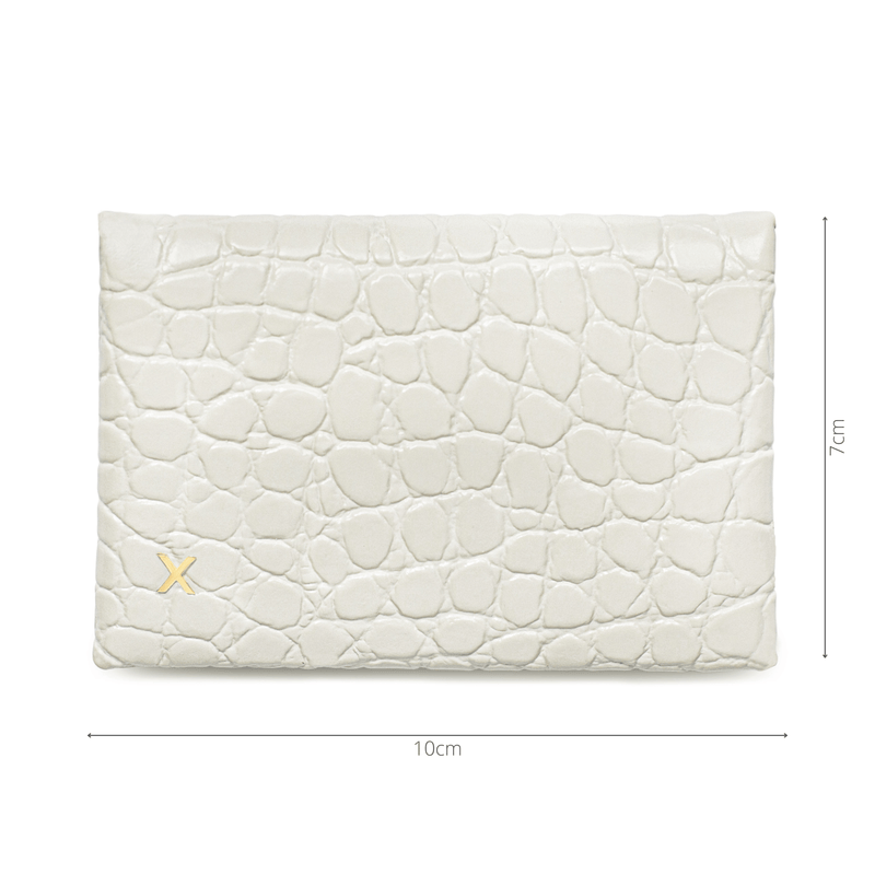 Measurements of white croc leather cardholder, 10cm in length, 7cm in height.