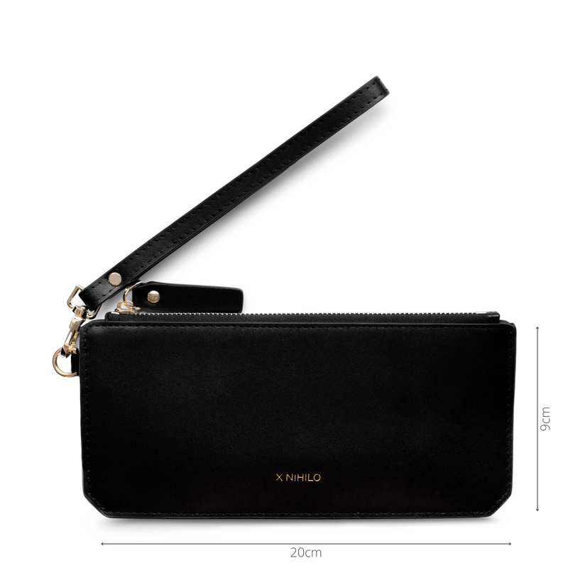 Measurement of slim black genuine leather wallet, width 20cm, length 9cm, gold detailing.