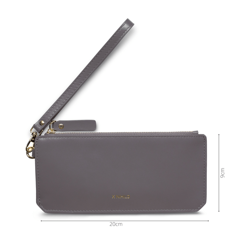 Measurement of slim grey genuine leather wallet, width 20cm, length 9cm, gold detailing.