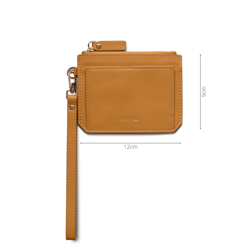 Measurements of mustard wallet and coin purse, width 12cm, height 9cm.