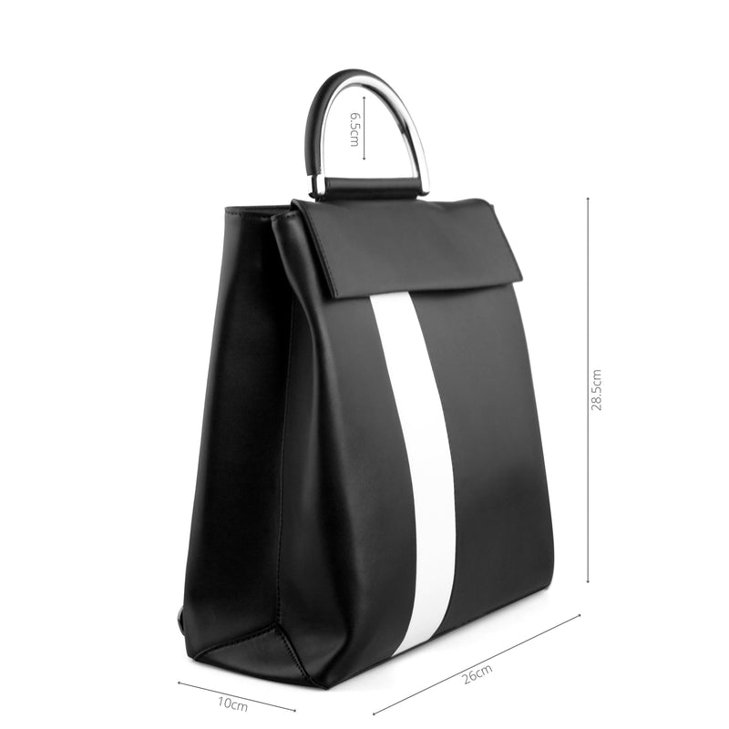 Measurement of X NIHILO Hunter in black and white stripe backpack bag. Height 28.5cm, depth 10cm, width 26cm, handle drop 6.5cm.