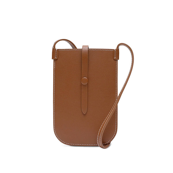 Rectangular woman's tan phone pouch. White stitching along the edges and an opening for the phone at the top. A sling with a tan button keeps the essentials secured.