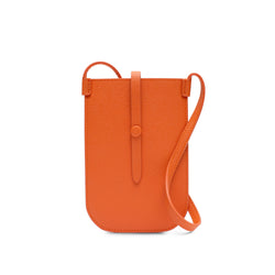 Rectangular Tangerine orange phone pouch with opening on top and an attached shoulder strap.