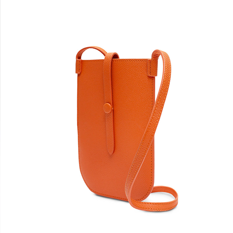 Rectangular Tangerine orange phone pouch with opening on top and an attached shoulder strap.