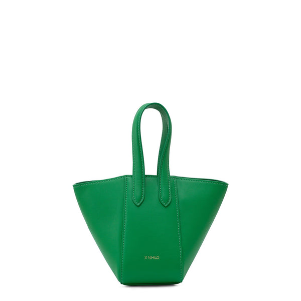 Micro bright green leather bucket hybrid handbag, with top handle and X NIHILO embossed in gold on the bottom front.
