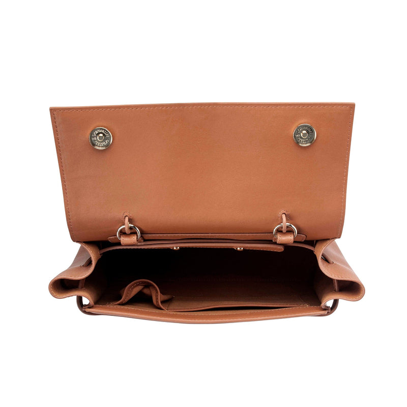 Top view of opened genuine tan cow nappa leather work bag and handbag with two gold clasps on either sides.