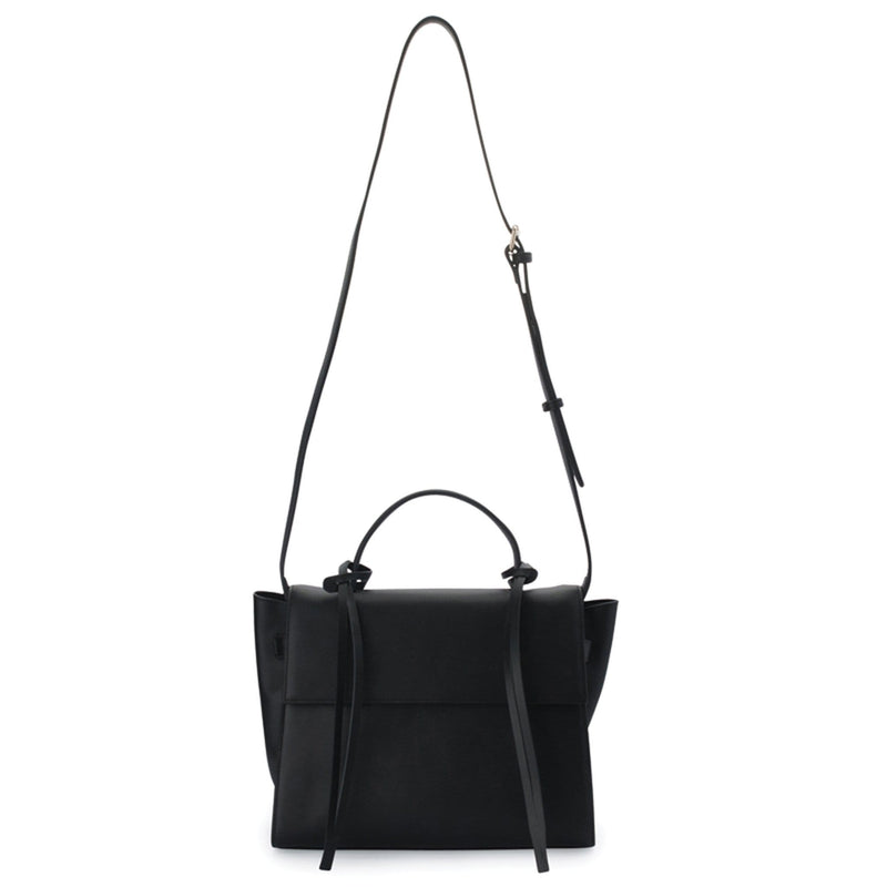 Rectangle genuine black leather work bag and handbag with leather tassels, front flap and handle, its bag strap extended upward, cow nappa leather