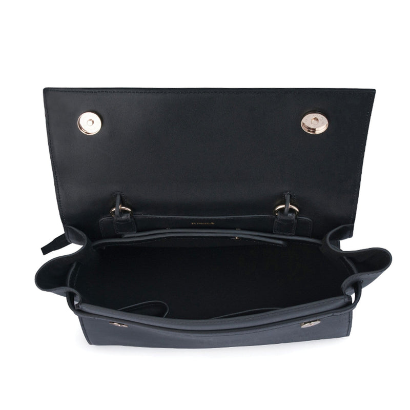 Top view of opened rectangle black leather bag, cow nappa leather, two metal fasteners attached on either sides of the opened flap.