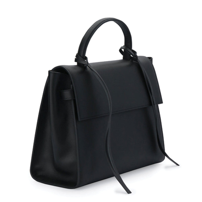 Angled side view of rectangle genuine black leather work bag and handbag with leather tassels, front flap and handle. cow nappa leather, fashion bag