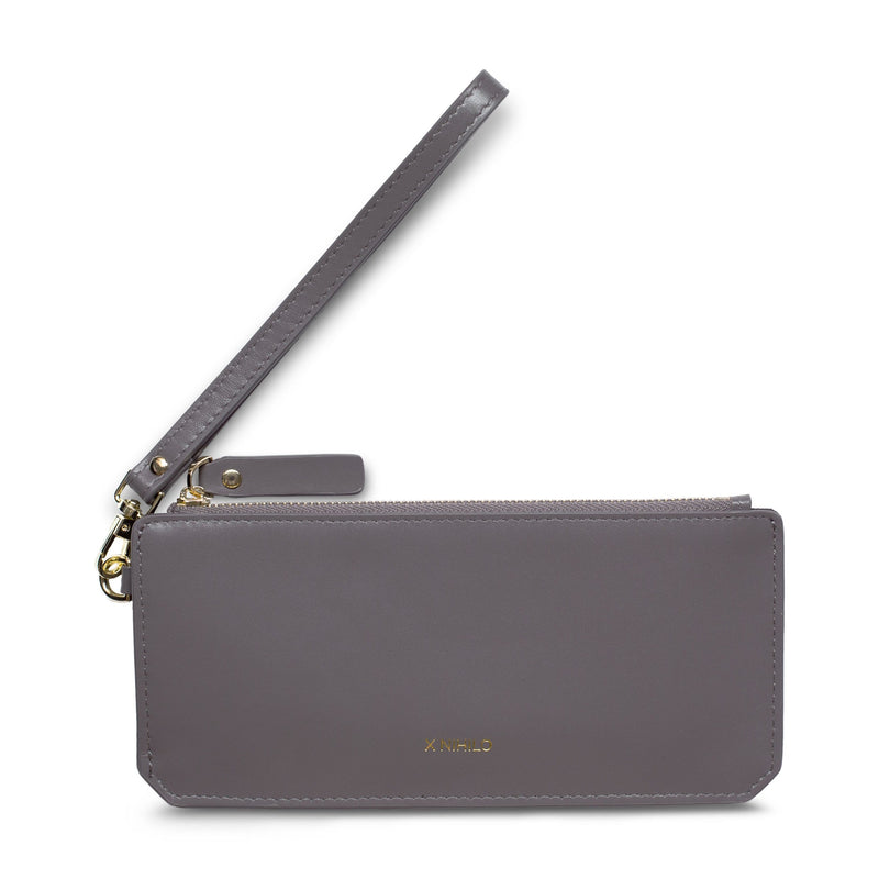 Slim grey genuine cow nappa leather wallet with leather strap and logo X NIHILO embossed in gold in the bottom centre.