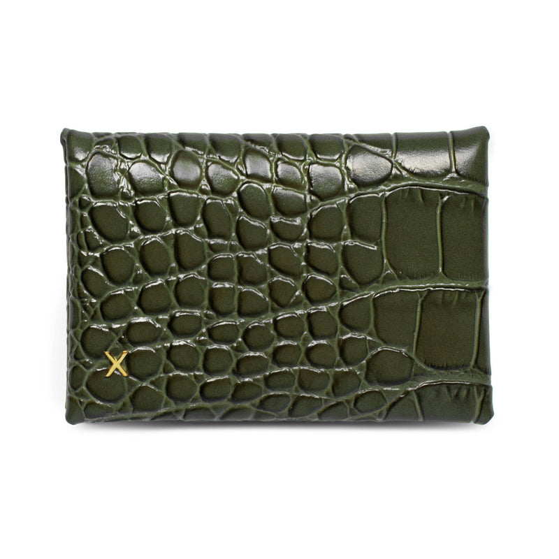 Olive croc print leather cardholder with logo X in gold hardware placed in the bottom corner.