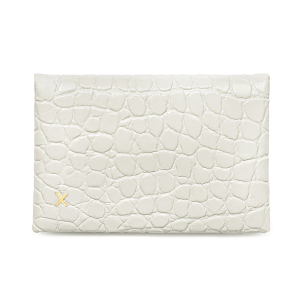 White croc print luxury leather cardholder with logo X protruding in gold on the bottom left corner.