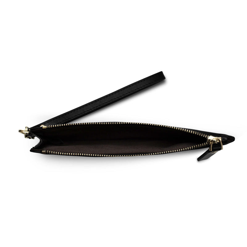 View of zipped opened slim black genuine cow nappa leather wallet with leather strap and metal hardware.