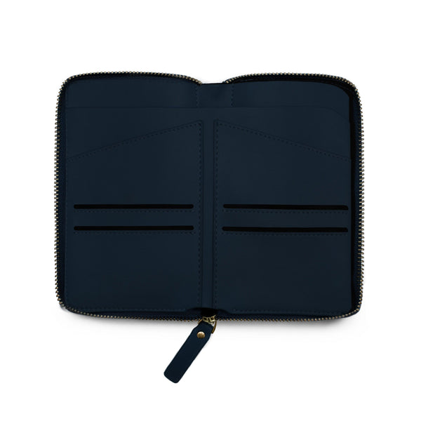 Front on view of opened navy genuine cow nappa leather wallet and passport holder with four cardholder slots and two slots for passports.