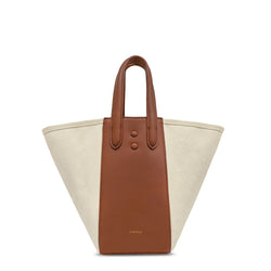 Mini tan leather and natural canvas tote bucket bag, genuine nappa leather bag with handle and logo X NIIHILO embossed in gold on the bottom front.