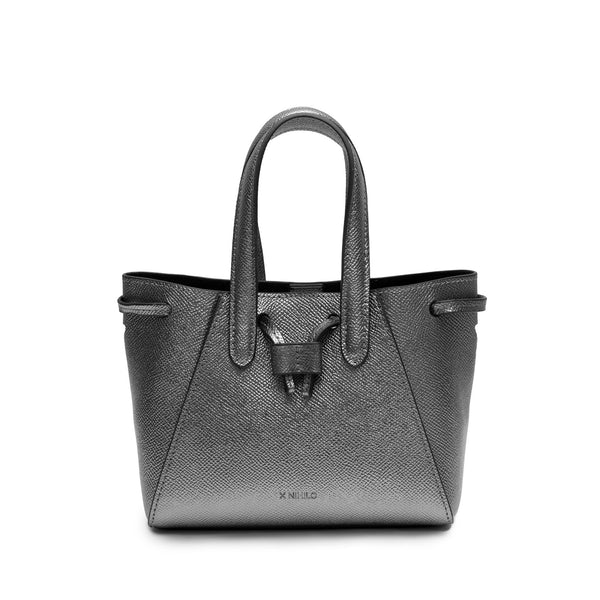 Mini genuine gunmetal leather bucket shape crossbody bag with handles and leather pull-strings, X NIHILO Aria bag, textured cow leather with silver hardware, fashion bag