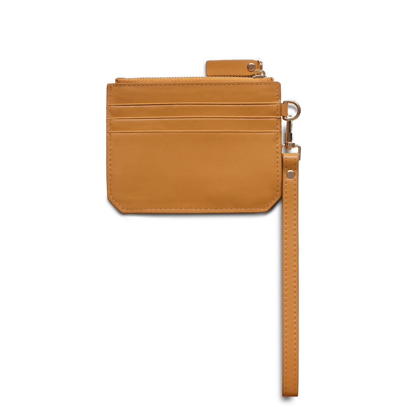 Back view of small mustard genuine cow nappa leather coin purse and wallet with leather straps and 3 card slots.