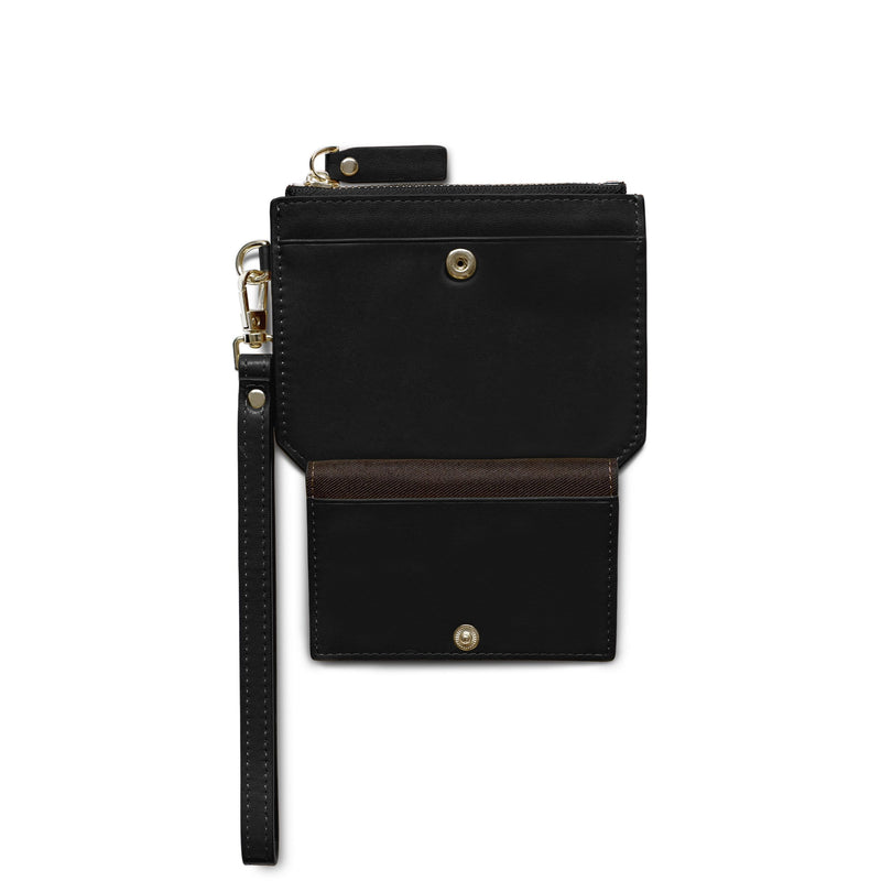 Opened front flap of black genuine cow nappa leather wallet and coin purse with leather strap.