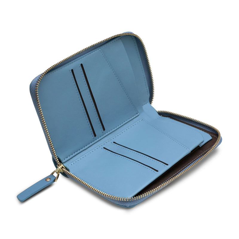 View of opened sky blue leather wallet and passport holder with four cardholder slots and two slots for passports.